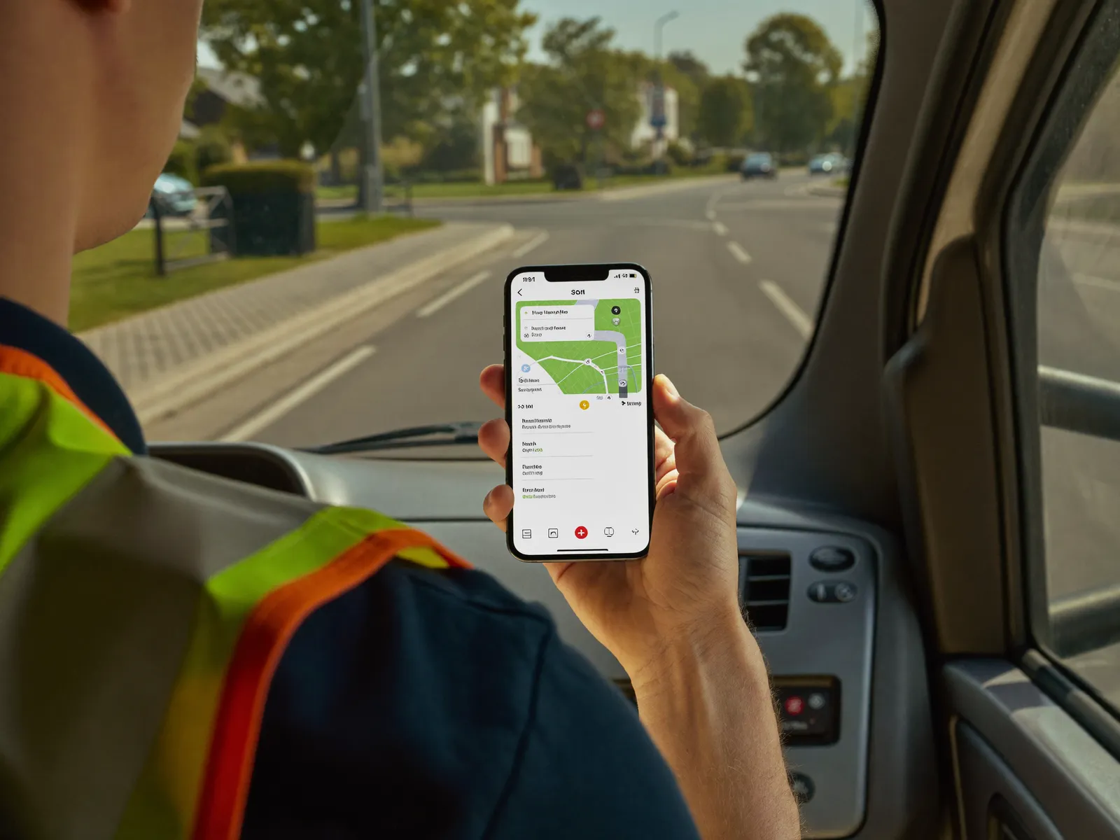 Driver checking route planning in an app inside the van