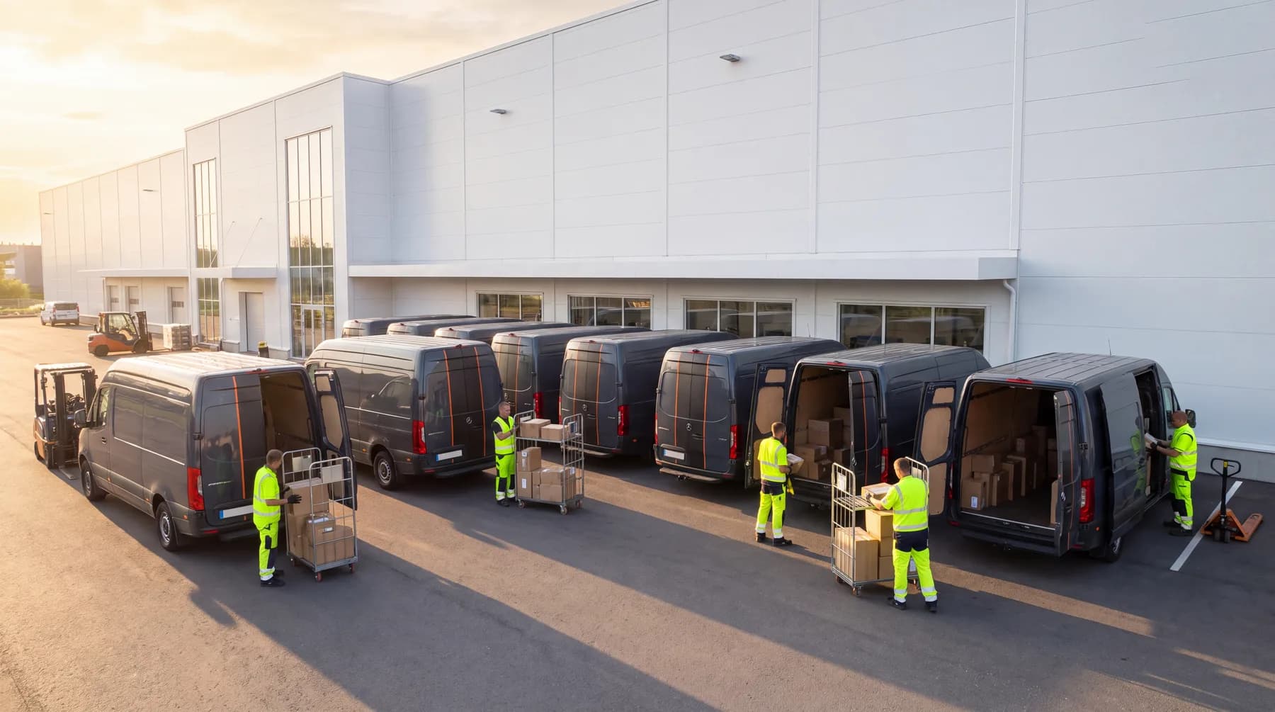Neatly loaded delivery vans in front of a modern logistics depot