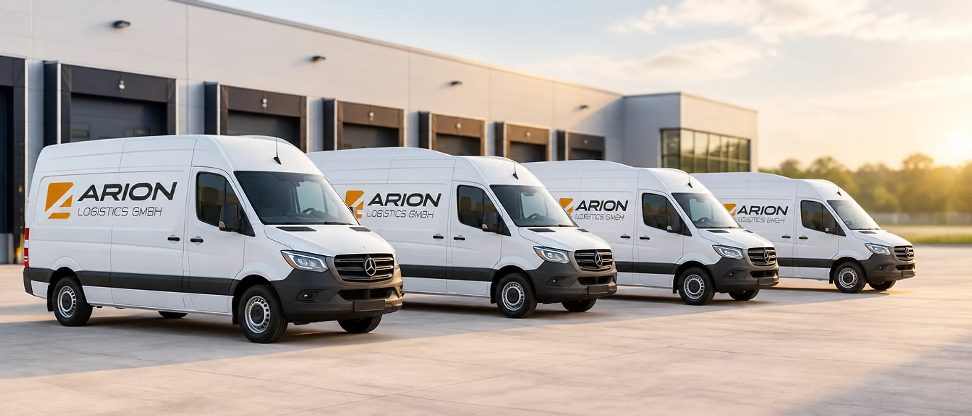 White Mercedes Sprinter vans of the Arion Logistics fleet lined up in front of the depot